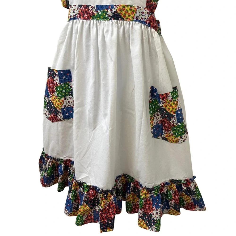 Vintage Handmade White Cotton Pinafore Apron Ruffle Floral Patchwork Cottagecore